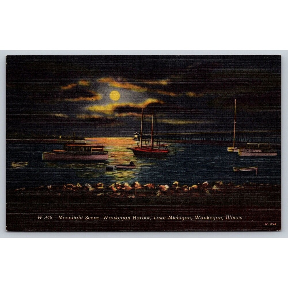 Vtg 1957 Postcard Waukegan Harbor Moonlight Scene Lake Michigan Illinois Linen